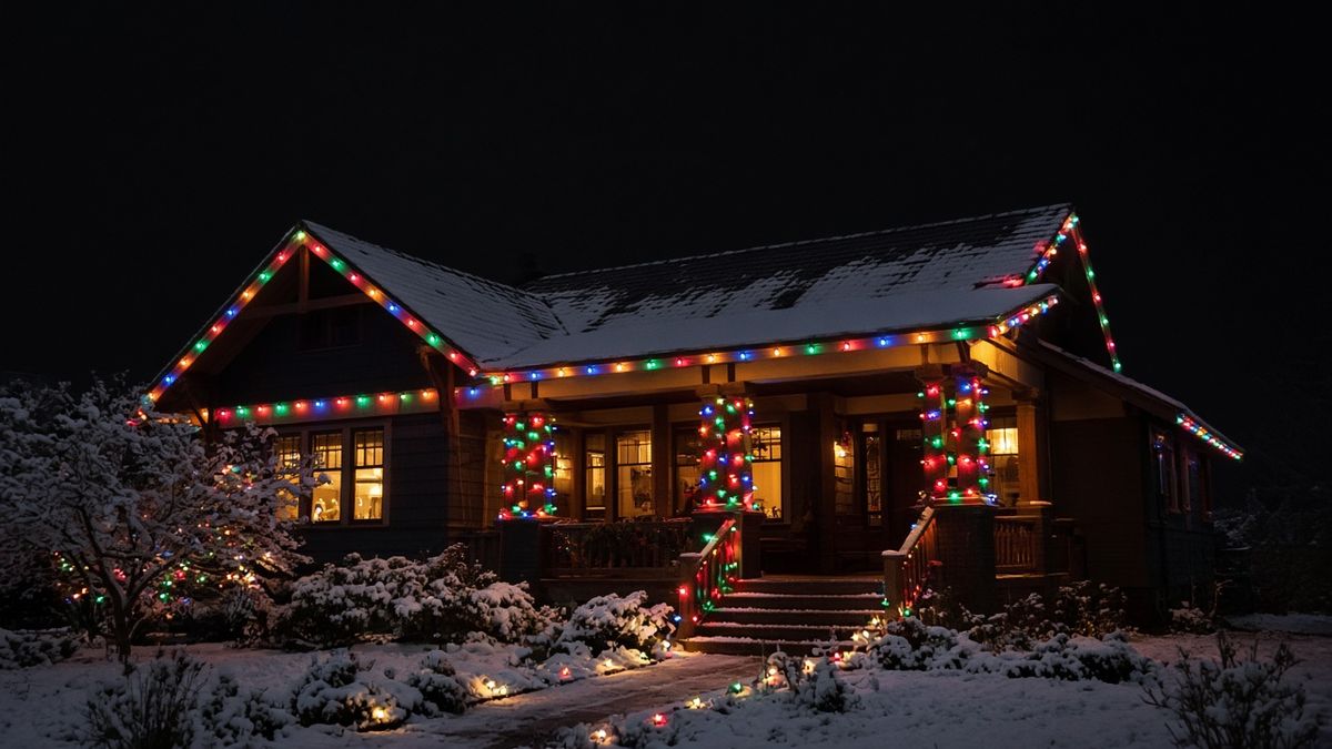 Craftsman bungalow with multicolor C9 Christmas lights
