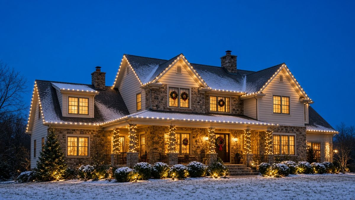 Two-story stone farmhouse with warm white C9 roofline lights and wreaths